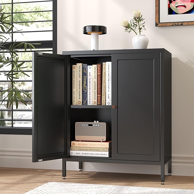 Small 2 Transparent Door Metal Storage Side Buffet Cabinet for Bed Room,Living Room,Entryway,Hallway,Home,Hotel,Office,Garage,Kitchen,1 Removable Shelf. (Square Door, Black)