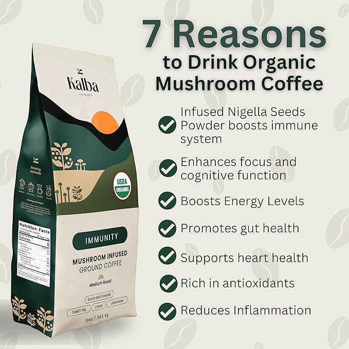 Kalba Organic Mushroom Coffee Grounds, Medium Roast 10 oz | Arabica Coffee with Lion's mane, Chaga, Turkey Tail, & Nigella Seed for Energy Boost & Immunity