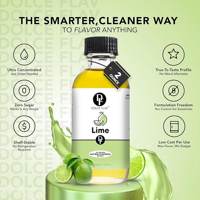 Dolce Flav Natural Lime Extract – 2 Ounce Oil-Soluble Kosher, Sugar-Free, Concentrated Citrus Lime Flavor for Candy, Chocolates & Desserts, Includes Measured Dropper, Pack of 2