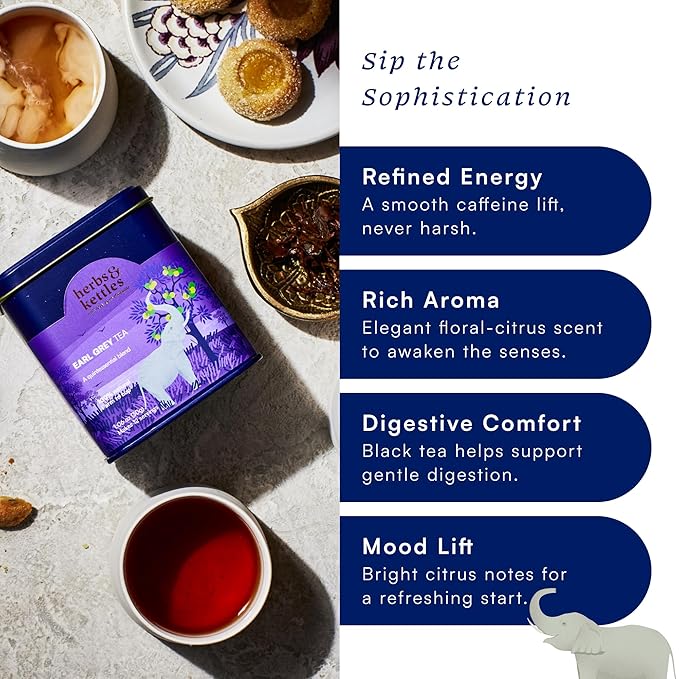 Herbs & Kettles Earl Grey Tea | Assam Black Tea Infused with Italian Bergamot Oil | Premium Loose Leaf Earl Grey with Smooth Citrus Aroma & Velvety Finish | Makes 12–14 Servings, 20-30 Cups | Gourmet Tea Gift