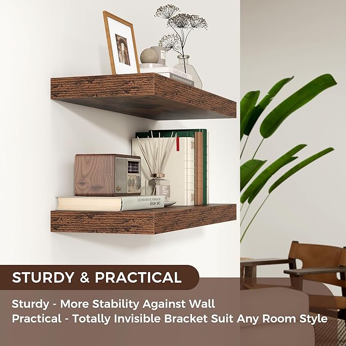 Floating Shelves for Wall, Engineered Wood Wall Shelves with Invisible Brackets for Living Room Bedroom Bathroom Office Kitchen Decor and Storage (Brown, 24" W x 9" D x 1.5" H) Set of 2