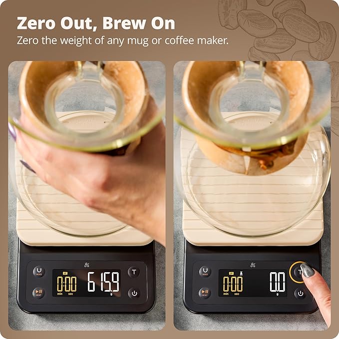 Greater Goods Digital Coffee Scale with Timer – Accurate 0.1g Precision, Multi-Color Display, Waterproof & Heat-Resistant Cover, for Pour-Over, Espresso, French Press, and Kitchen Use (Birch White)