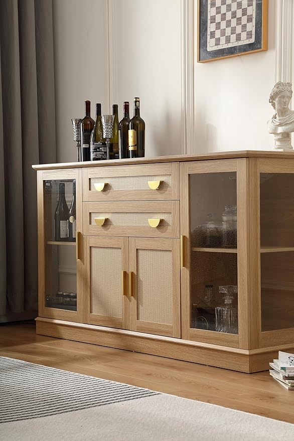 58.27'' Buffet Cabinet with 2 Drawers and Adjustable Shelves,Large Glass Door Coffee Bar Cabinet,Modern Farmhouse Sideboard Credenza for Kitchen,Natrual