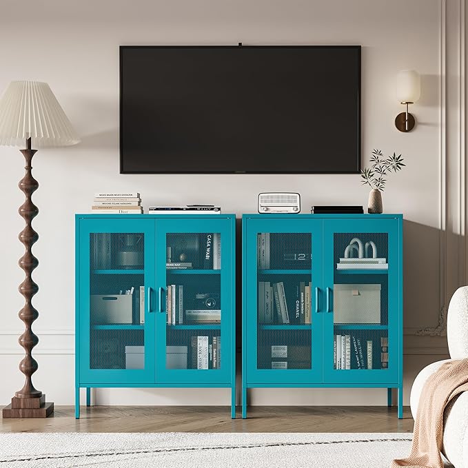 Metal Locker Storage Cabinet with 2 Mesh Doors and Adjustable Shelves,Blue Metal Locker Cabinets,Coffee Bar Cabinet,Kitchen Pantry Storage Cabinets for Home,Sideboard,Office(40" H)