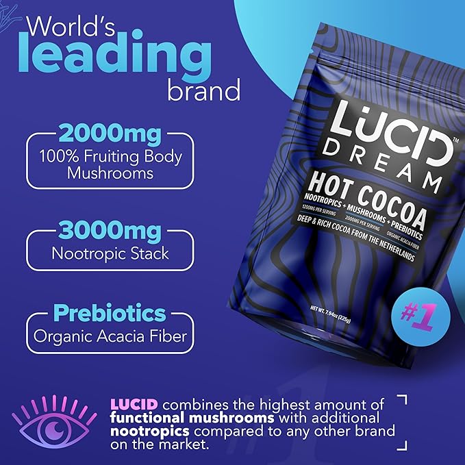 Lucid Dream Mushroom Hot Cocoa for Sleep -Dreamy Nighttime Blend with Adaptogens for Relaxation-Boosts Melatonin for Better Rest (7.94 Ounces, Chocolate)