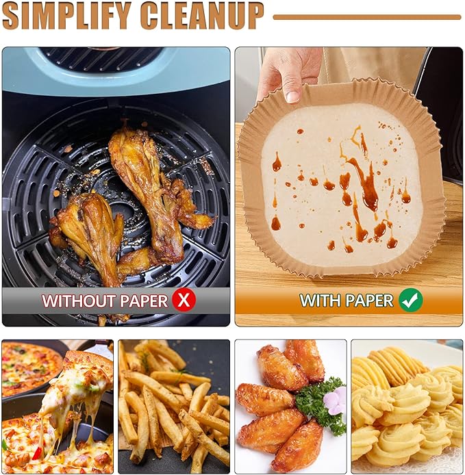 Air Fryer Liners Disposable 7.9” Square Airfryer Liners, 100 Pcs Air Fryer Parchment Paper Liners, Non-Stick airfryer paper liners, Air Fryer Cheat Sheet Magnets Over 200 Foods (Air Fryer Accessories)