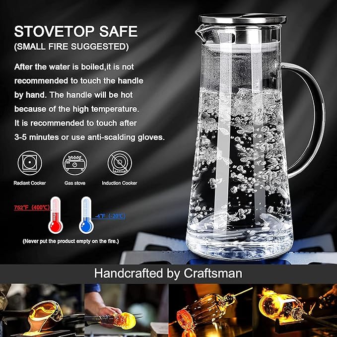 Glass Pitcher With Lid, 51oz/1.5Liter Water Carafe With Handle for Fridge, Iced Tea, Milk, Hot and Cold Beverage, Borosilicate Juice Jug