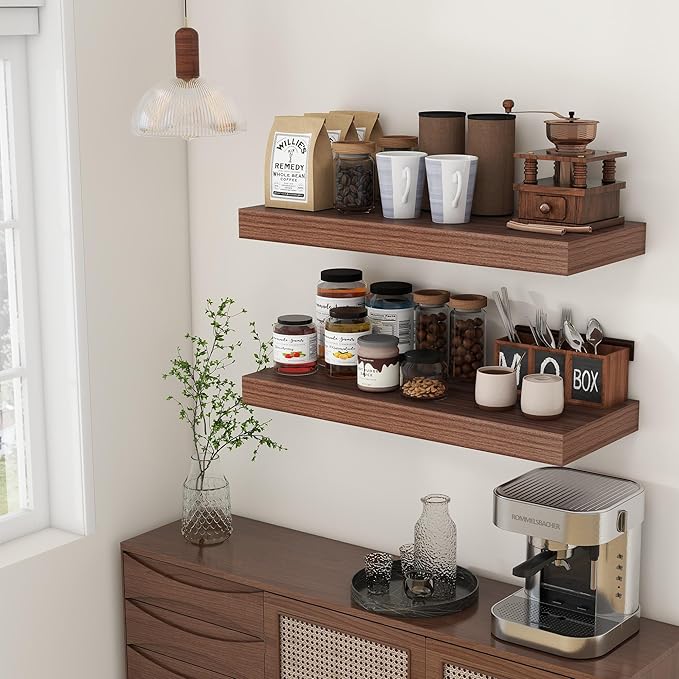 30 Inch Floating Shelves | 12 Inch Deep Walnut Floating Shelves Set of 2 | 30" W x 12" D Rustic Wood Shelves for Wall | Deep Walnut Shelves for Living Room Bathroom Laundry Room Kitchen