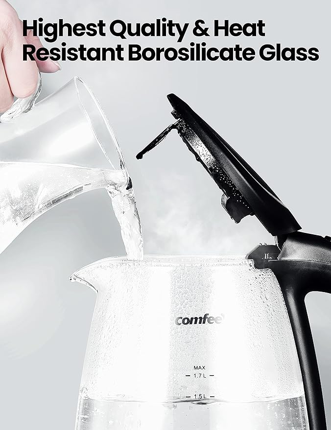 COMFEE' Glass Electric Tea Kettle & Hot Water Kettle Electric, 1.7L Electric Kettle with LED Indicator, 1500W Fast Boil, Auto Shut-Off and Boil-Dry Protection