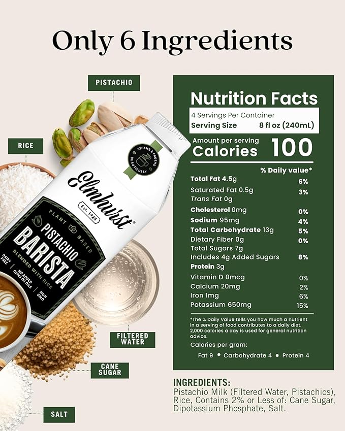 Elmhurst 1925 Pistachio Milk Barista Edition – 32 Ounce (Pack of 6) Plant-Based, Vegan, Dairy-Free, Non-GMO, Kosher, Froths for Lattes & Iced Coffee, 3g Protein per Serving, Simple Ingredients