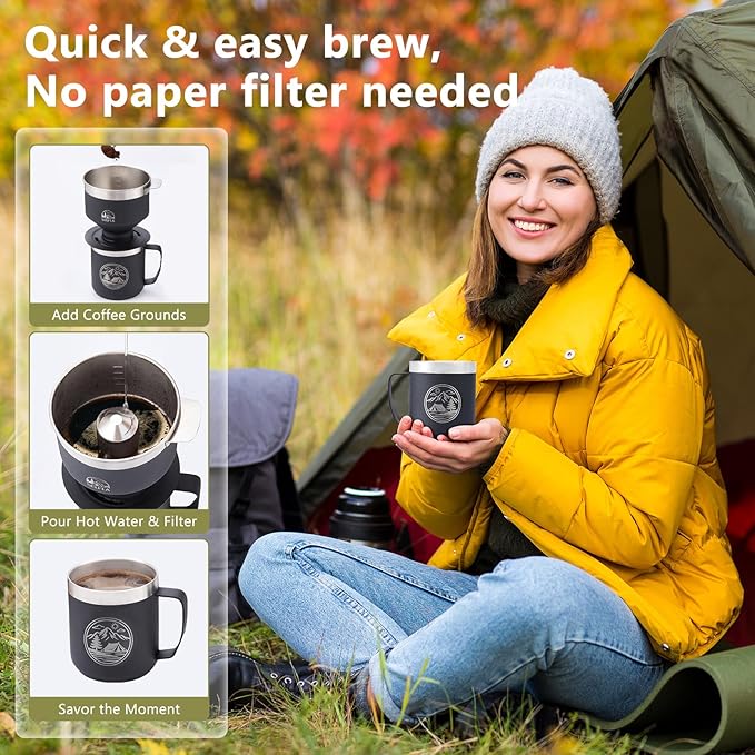 Portable Coffee Filter, Stainless Steel Reusable Dripper for Insulated Mugs, Paperless Coffee Maker for Hiking Camping & Outdoor Adventures, Lightweight Easy Clean & Gift Ready