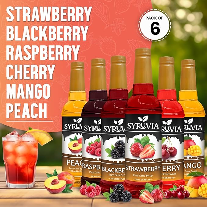 Syruvia Summer Fruit Syrup Variety Pack – Strawberry, Blackberry, Raspberry, Cherry, Mango & Peach – 25.4 fl oz Bottles – Perfect for Summer Sodas, Lemonades, Iced Teas, and Cocktails! (6-Pack)
