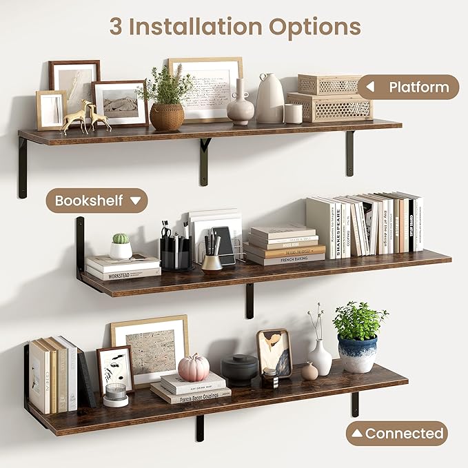 Fun Memories Rustic Brown 12 Inch Deep Floating Shelves Set of 2, Wall Mounted Shelf with Metal Brackets, Rustic Wood Wall Shelf for Bathroom, Kitchen and Living Room, Rustic Brown, 55W x 12D