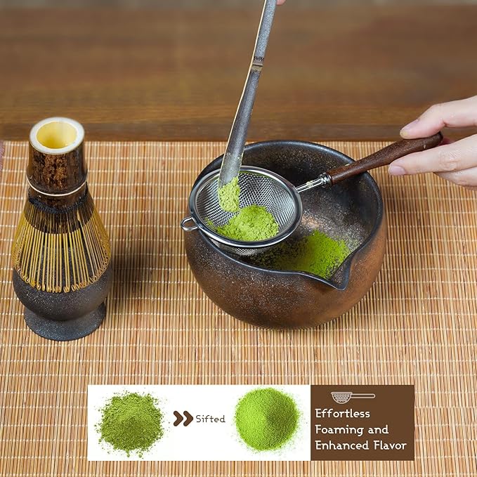 7-Piece Matcha Set with Ceramic Matcha Bowl, Bamboo Whisk (Chasen) & Holder, Sifter, Tea Scoop & Rest, Special Bamboo Tea Mat - Perfect Matcha Kit for Matcha Lovers & Gift Giving, Gilded