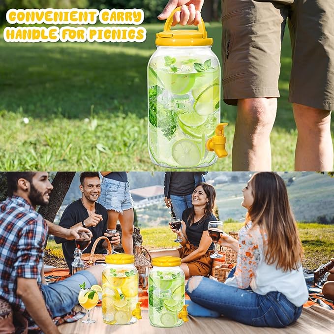 Havawish 2 Pcs 1 Gallon Plastic Beverage Dispenser with Spigot Clear Summer Kitchen Fridge Drink Dispenser for Parties Lemonade Juice Tea Beer Cold Water(Yellow,Cylinder)