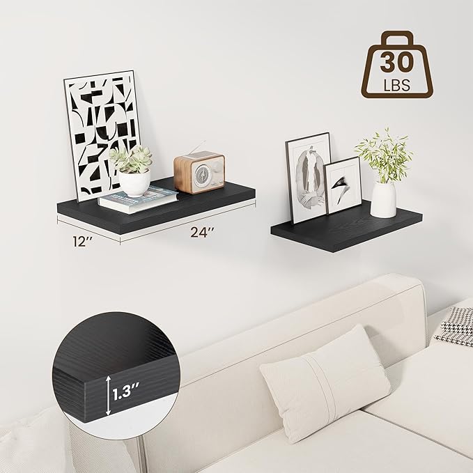 Dreamland 24" Floating Shelves for Wall, 12" Deep Slim Black Floating Shelves, Wall-Mounted Shelves for Bedroom, Living Room, Kitchen, Bathroom - Set of 2