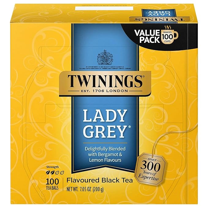 Twinings Lady Grey Black Tea Individually Wrapped Bags, 100 Count (Pack of 1), Orange Peel & Lemon Peel, Fresh and Uplifting, Caffeinated, Enjoy Hot or Iced, 100 Teabags