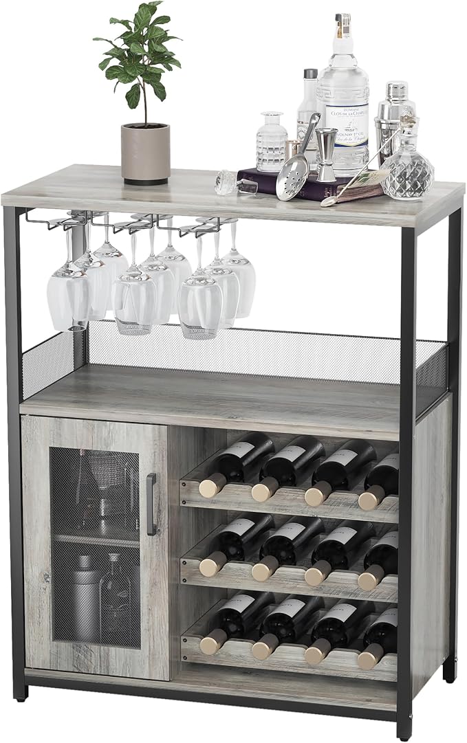GarveeHome 3-Tier Wine Bar Cabinet with Detachable Wine Rack, Liquor Cabinet with Storage, Coffee Bar Cabinet with Glass Holder & Mesh Door, Sideboard Buffet Bar for Living Room, Dining Room, Grey