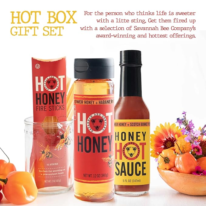 Savannah Bee Company Hot Honey Box Gift Set - Award-Winning Honey Collection - Includes Hot Honey, Sauce, and Fire Sticks - Perfect Gourmet Gift for Spice Lovers