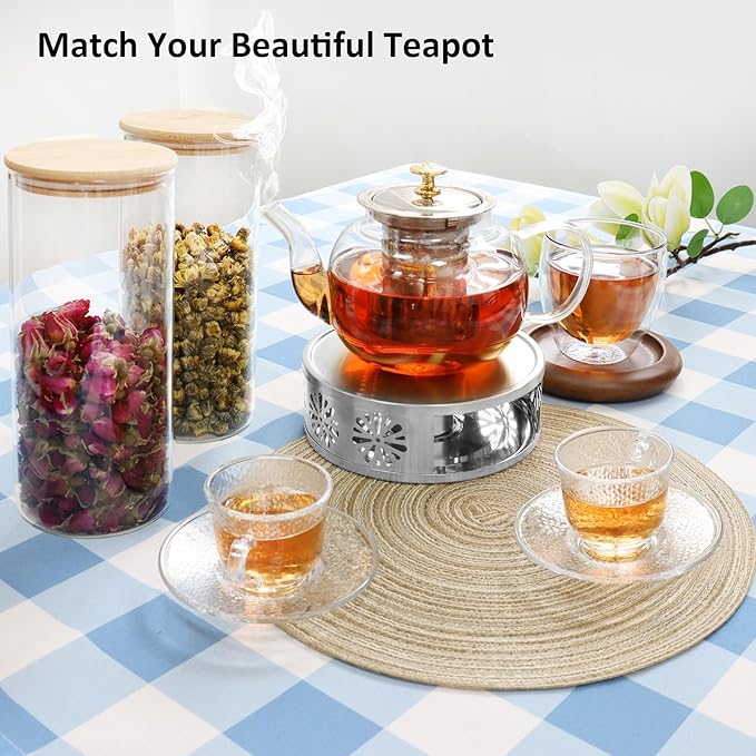 Tea Warmer Chrysanthemum Silhouette, JUKFITA Silver Brushed Stainless Steel Teapot Warmer, Includes 1 Tealight Holder