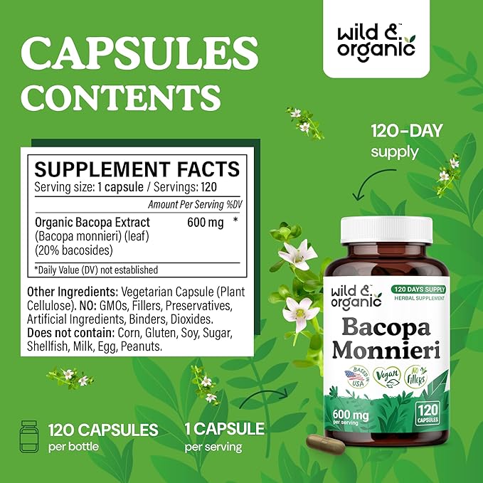 Wild & Organic Bacopa Monnieri Capsules 600 mg - Brain Support - Natural Bacopa Supplements - Brahmi Capsules - 120 Days of Supply - Vegan, No Fillers, Non-GMO - 120 Count