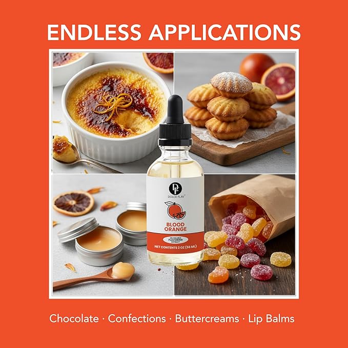 Dolce Flav Natural Blood Orange Extract – 2 Ounce Oil-Soluble Kosher, Sugar-Free, Concentrated Blood Orange Flavoring for Baking, Chocolates & Desserts, Includes Measured Dropper