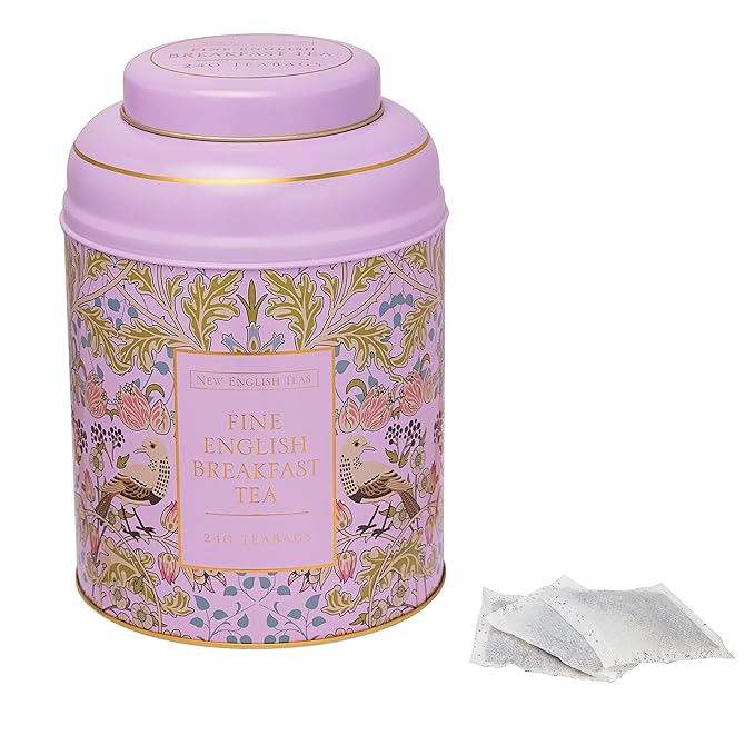 New English Teas Song Thrush & Berries Tea Caddy in Pink with 240 English Breakfast Teabags