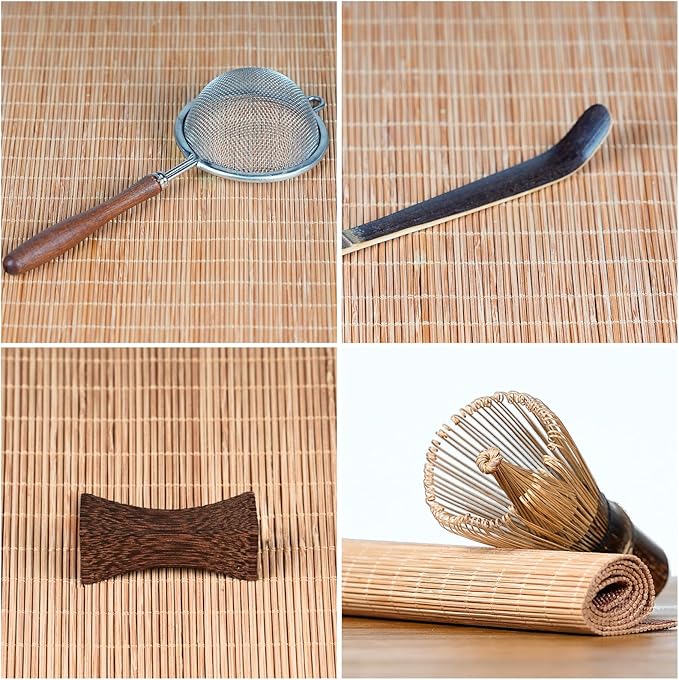 7-Piece Matcha Set with Ceramic Matcha Bowl, Bamboo Whisk (Chasen) & Holder, Sifter, Tea Scoop & Rest, Special Bamboo Tea Mat - Perfect Matcha Kit for Matcha Lovers & Gift Giving, Sakura