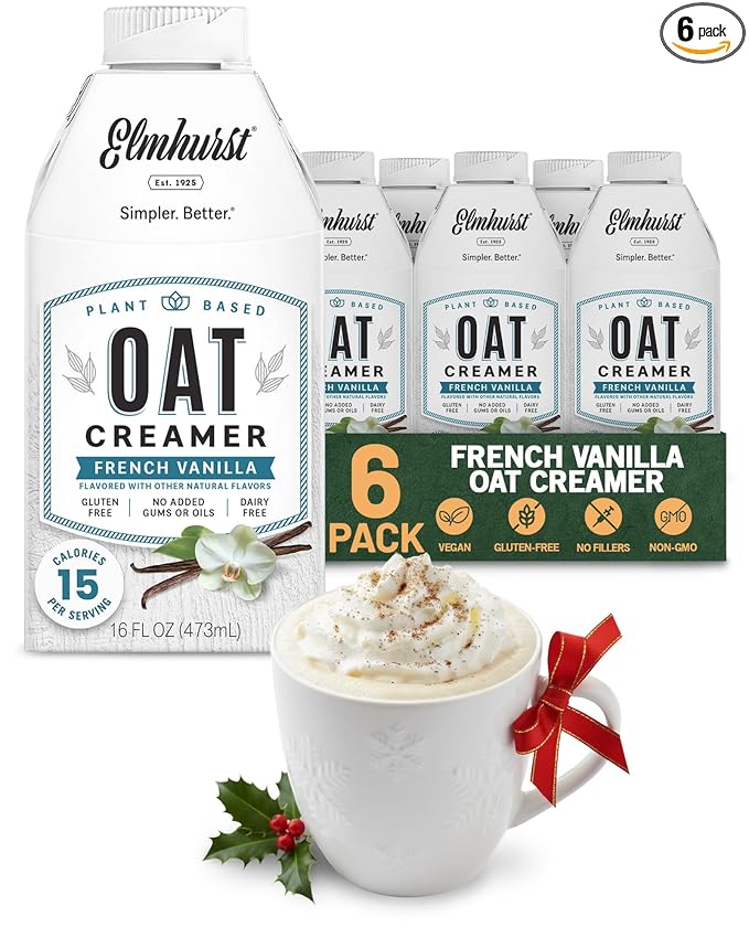 Elmhurst 1925 French Vanilla Oat Creamer - 16 Ounce (Pack of 6) Dairy-Free, Vegan, Kosher, Low Sugar, Shelf Stable Creamer Made with Water & Oat Grains for Healthier, Simpler Plant Based Alternatives