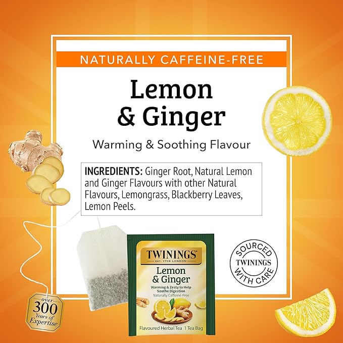 Twinings Lemon & Ginger Herbal Tea Individually Wrapped Bags, 20 Count (Pack of 6), Tangy Lemon, Spicy Ginger, Naturally Caffeine-Free, Enjoy Hot or Iced, 120 Teabags