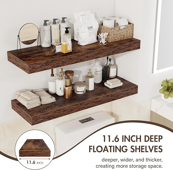 30 Inch Floating Shelves, 12" Deep Floating Shelf Wall Mounted, 30" Wall Shelves, Rustic Deep Bookshelf, Extra Deeper & Thicker Display Shelves for Bedroom, Living Room, Brown, Set of 2