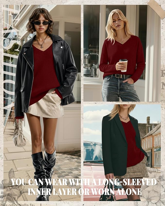 Women's V Neck Sweater Long Sleeve Knit Oversized Shirt Loose Lightweight Fall Casual Pullover Sweater Top