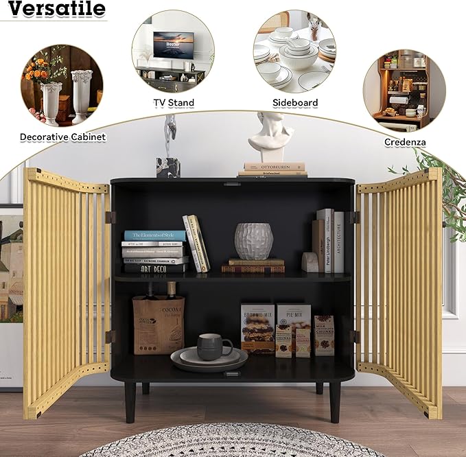 Sideboard Buffet Cabinet with Slatted Bamboo Doors, 31.5" Accent Storage Cabinet with Curved Design, Coffee Bar Cabinet Credenzas for Living Room, Kitchen, Entryway