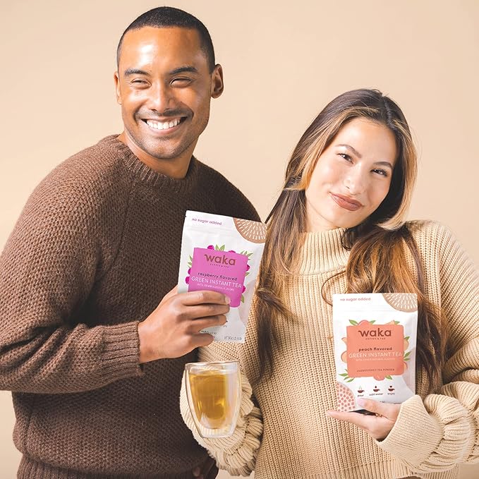 Waka Instant Tea Mix, 2 Bag Bundle - 100% Leaves, No Additives, Unsweetened Powders - Raspberry & Peach Flavored Green (4.5oz Each)