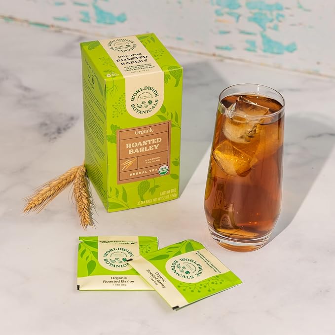 Worldwide Botanicals Organic Roasted Barley Tea, 25 Tea Bags - 3x more herbs with 6g per teabag - AKA Mugicha, Boricha, Damaicha, Orzo - Caffeine-Free, Kosher