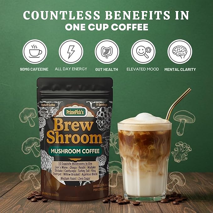 PrimePick's Brewshroom 10 in 1 Mushroom Coffee with 2000mg Adaptogenic Mushrooms, Instant, Arabica Medium Roast, Gluten-Free, Jitter-Free, No Added Sugar, Supports Gut Health & Immunity - 5 oz