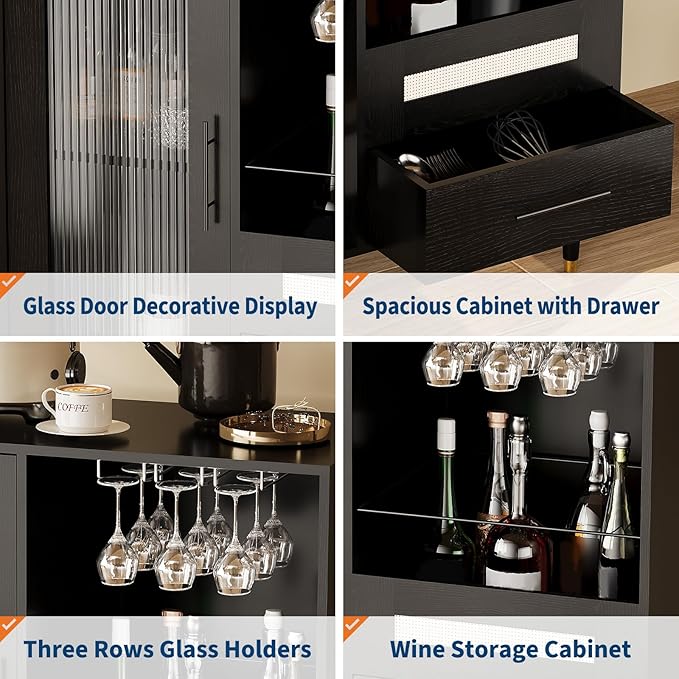 Garvee Wine Bar Cabinet with Tempered Glass Door & Rack, 30.7" Freestanding Modern Buffet Sideboard for Dining Room, Kitchen Coffee Bar & Liquor Storage Cabinet with Drawers and Glass Holder