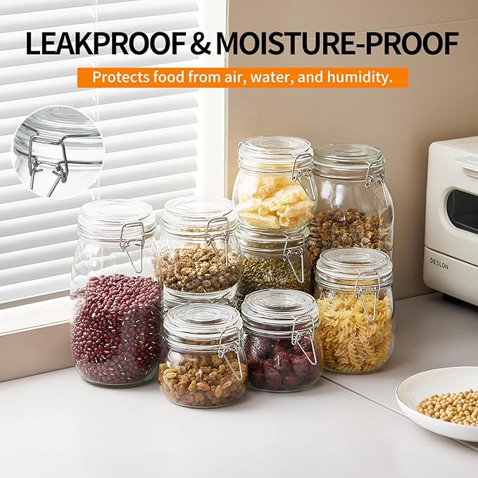 2 Pack 1 gallon Food Storage Jars with Airtight Lids, Preserving Seal Wire Clip Fastening Glass Containers, Canisters for Kitchen, Flour, Cereal, Pasta, Sugar, Beans, Pickling Jars(1 Gallon*2)
