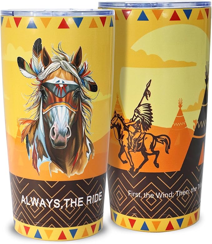 20oz Stainless Steel Double Vacuum Insulated Tumbler | Western Indian Tribe Horse Art, Leak-Proof Travel Mug Cup for Hot/Cold Drinks (5H Hot, 20H Cold)