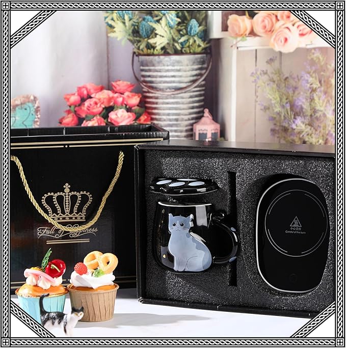 Honeydak Coffee Mug Warmer Cute Cat Mug Set Cup Warmer for Desk for Women Heated Coffee Warmer for Mom Home Office Christmas Birthday Gifts(Black)
