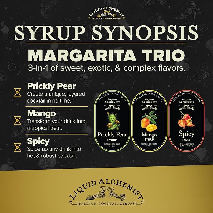 Liquid Alchemist Margarita Mix Trio Pack – Prickly Pear, Mango & Spicy Syrup | Our Small Batch Margarita Mixers Use Real Ingredients Perfect for any Cocktail Syrup Enthusiast (3 Pack, 12.7 oz Bottles)