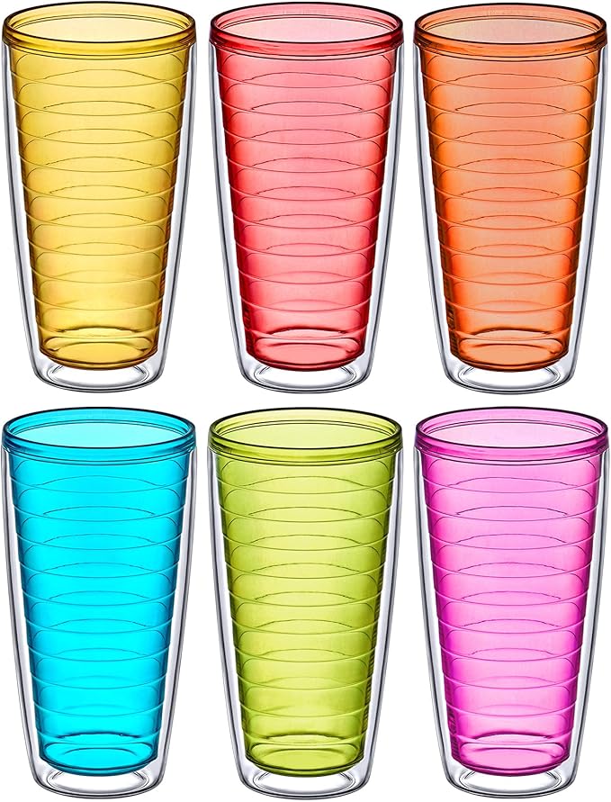 Amazing Abby - Alaska - 24-Ounce Insulated Plastic Tumblers (Set of 6), Double-Wall Plastic Drinking Glasses, Mixed-Color Reusable Cups, BPA-Free, Shatter-Proof, Dishwasher-Safe