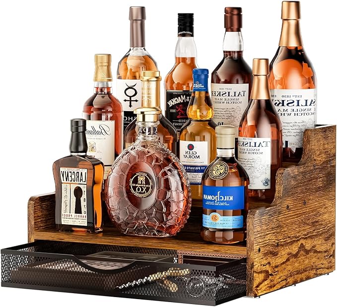 Liquor Bottle Display Shelf with Drawer, 3 Step Countertop Bar Shelves, Coffee Syrup Rack Organizer, Mini Bar, Retro Wine Rack Storage Shelves Stand for Liquor Whiskey Wine