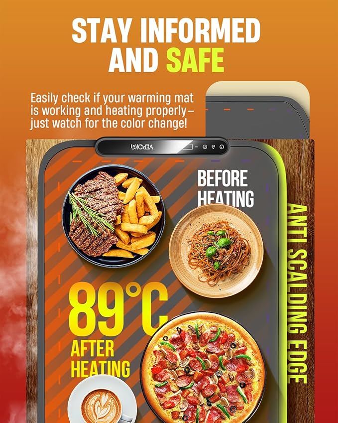 Warming Mat for Food, VEPOKA Food Warmer Mat for Countertop, Electric Warming Tray with 7 Temp Levels & Auto Shut-Off, Food Warmers for Parties, Ideal Gift for Kitchen & Buffet Use