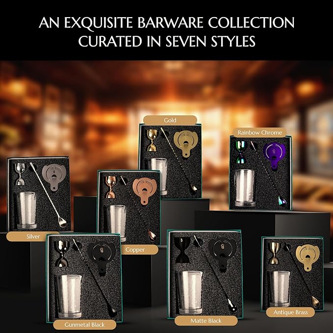 4 Piece Cocktail Kit by Bull In China - Premium Bartender Gift Set Includes Flagship Mixing Glass, 12 inch Barspoon, Bell Jigger & Hawthorne Strainer For Professional & Home Bars (Gold)