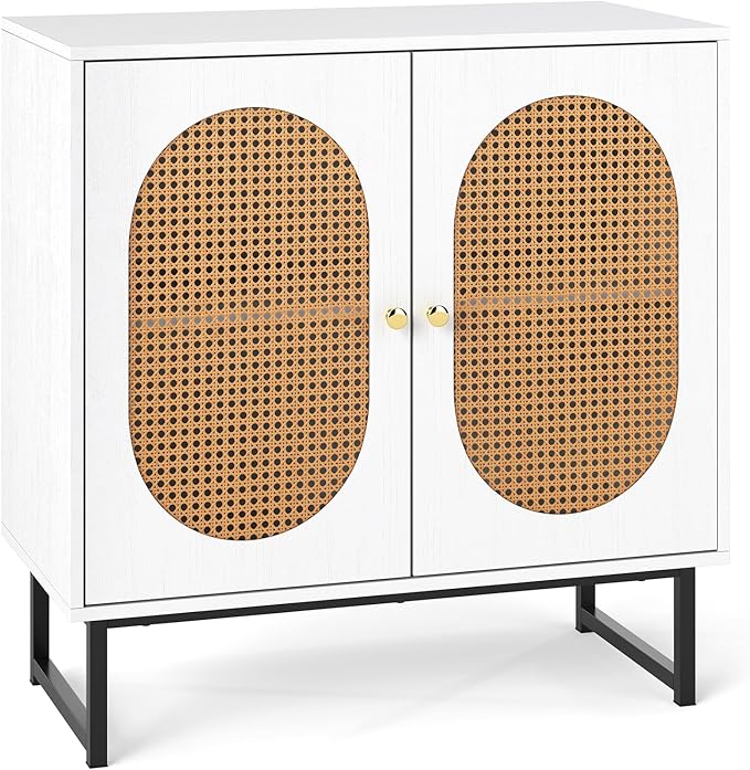 Giantex Rattan Sideboard Buffet Cabinet with Storage, Boho Sideboard with Doors & Adjustable Shelf, Small Accent Buffet Storage Cabinet with Metal Legs for Kitchen, Living Room, Entryway, White
