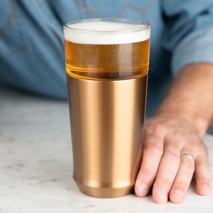 Elevated Craft Hybrid Vacuum Insulated Stainless Steel Base with Removable Pint Glass Insert, Ideal Insulation for Beers & Cold Beverages with Built-in Bottle Opener, Durable & Stylish, Copper (16 oz)