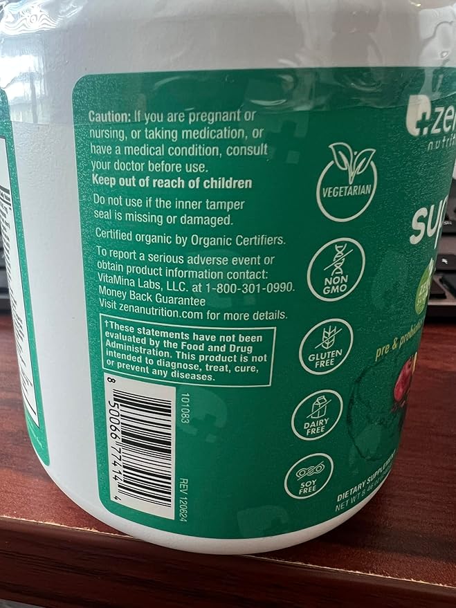 Zena Nutrition Organic Super Greens Powder, 70+ Superfoods, 0 Sugar, 3G Fiber, Spirulina, Chlorella, Mushrooms, Prebiotics/Probiotics, Digestive Enzymes for Gut Health, Green Apple, 30 Servings