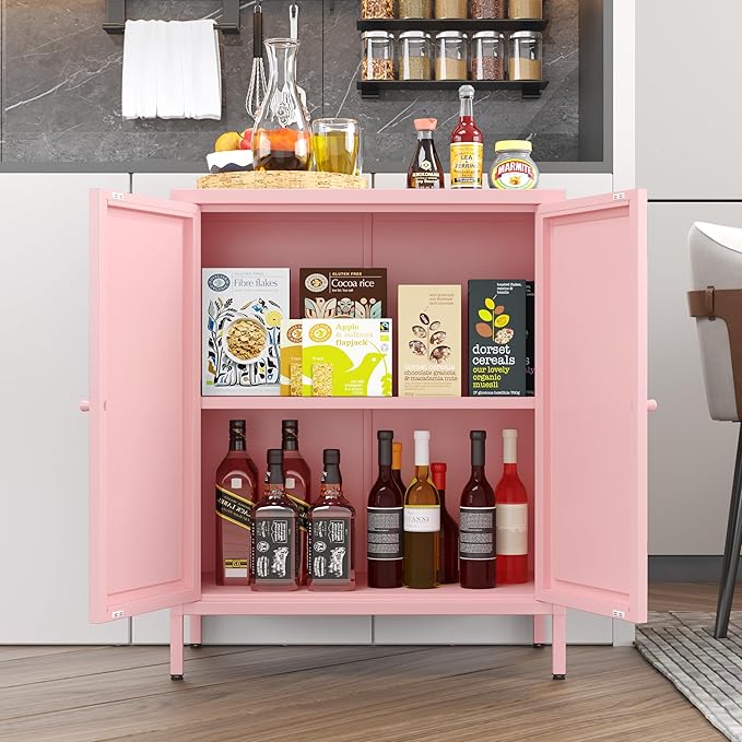 Small 2 Transparent Door Metal Storage Side Buffet Cabinet for Bed Room,Living Room,Entryway,Hallway,Home,Hotel,Office,Garage,Kitchen,1 Removable Shelf. (Square Door, Pink)