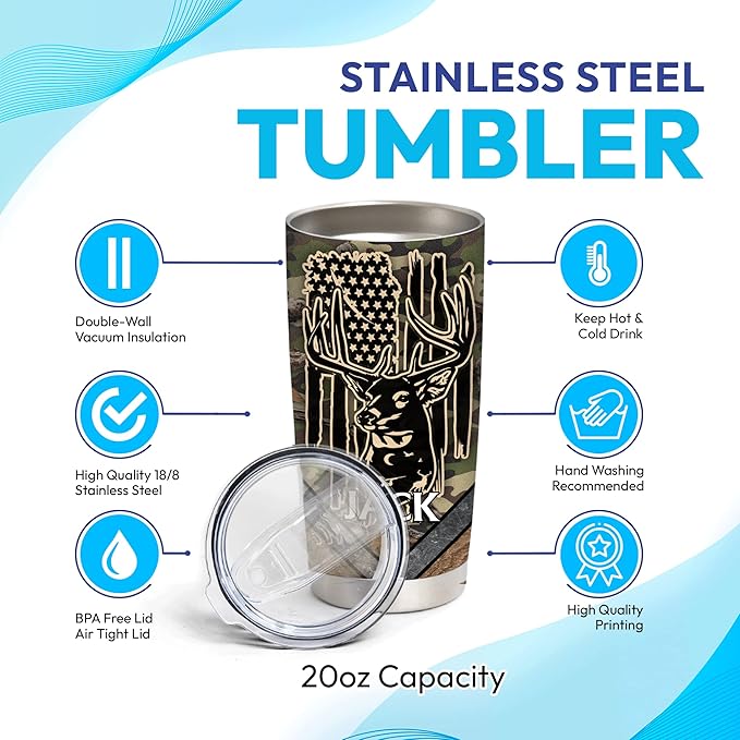 Hyturtle Personalized Hunting Gifts For Men - Deer Hunting Tumbler 20 Oz Travel Coffee Mug Stainless Steel - Fathers Day Hunting Gift For Dad, Him, Boy, Husband, Hunters From Son, Wife On Birthday